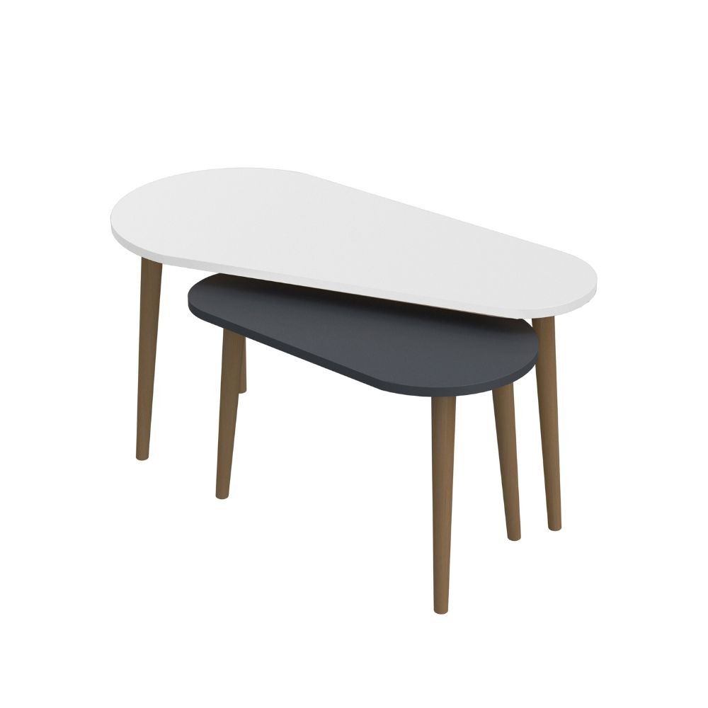 doppio tavolino pear bianco e antracite con gambe in legno, dettaglio della superficie e gambe di design