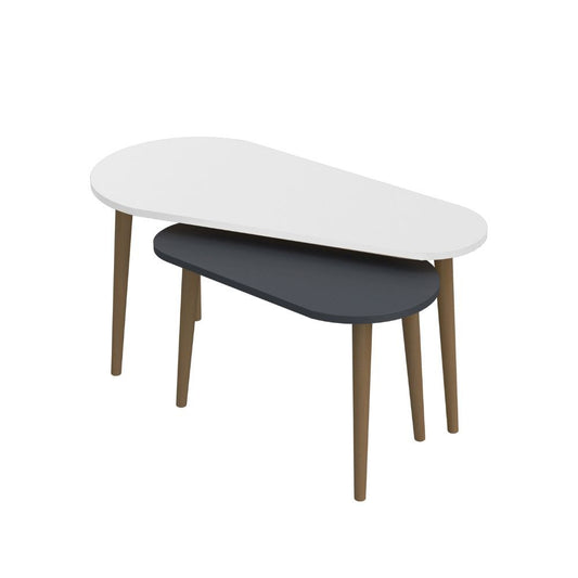 doppio tavolino pear bianco e antracite con gambe in legno, dettaglio della superficie e gambe di design