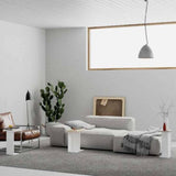 tris tavolino da salotto mund bianco rovere light mocha, dettaglio della superficie e gambe di design