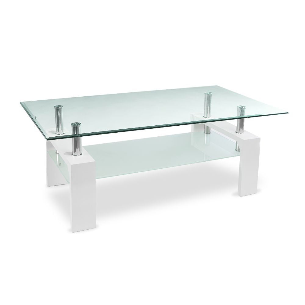 tavolino titania con doppio piano in vetro temperato e struttura colore bianco, dettaglio della superficie e gambe di design