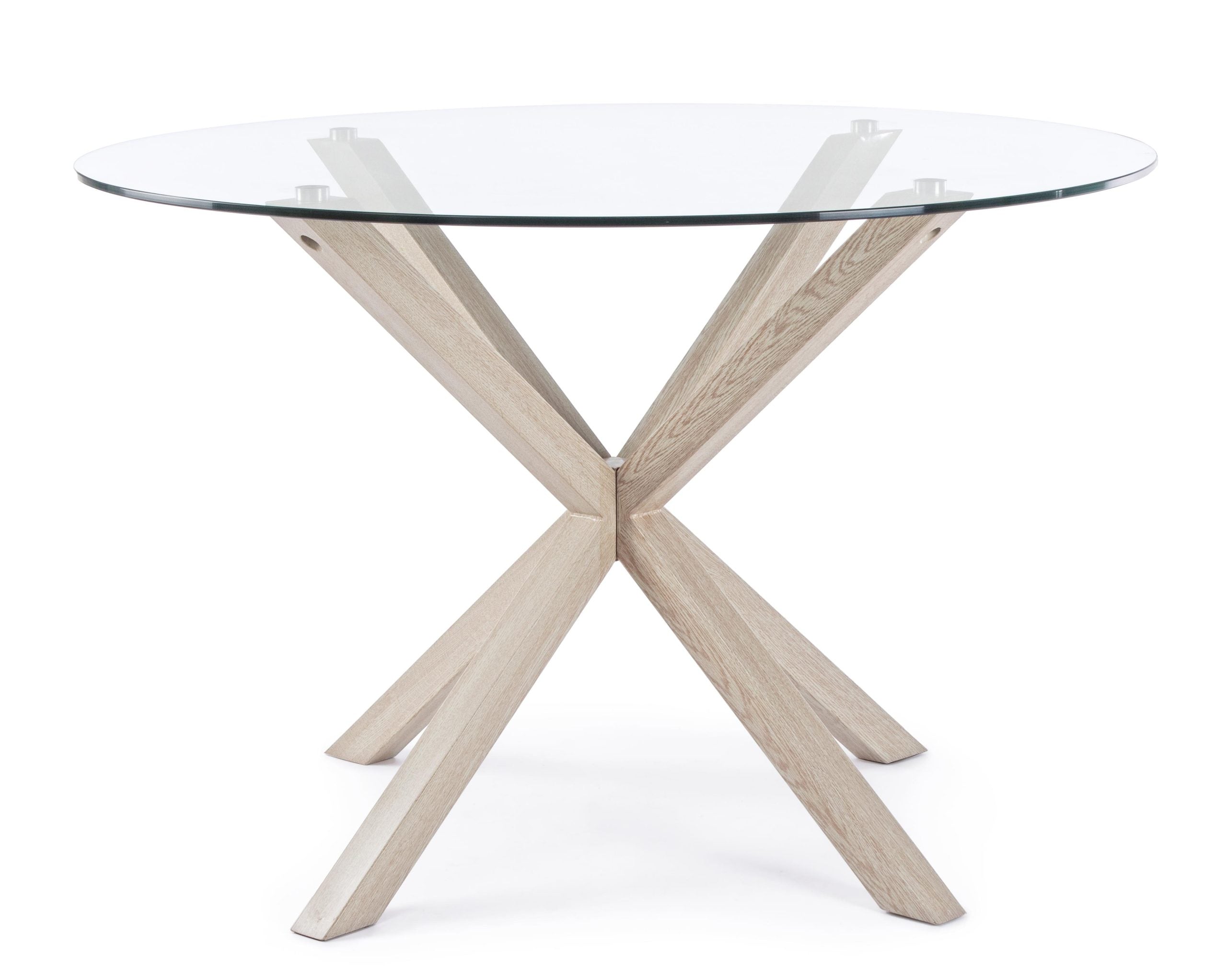 tavolo may in vetro rotondo con gamba naturale diametro 114 cm, dettaglio della struttura in legno o metallo