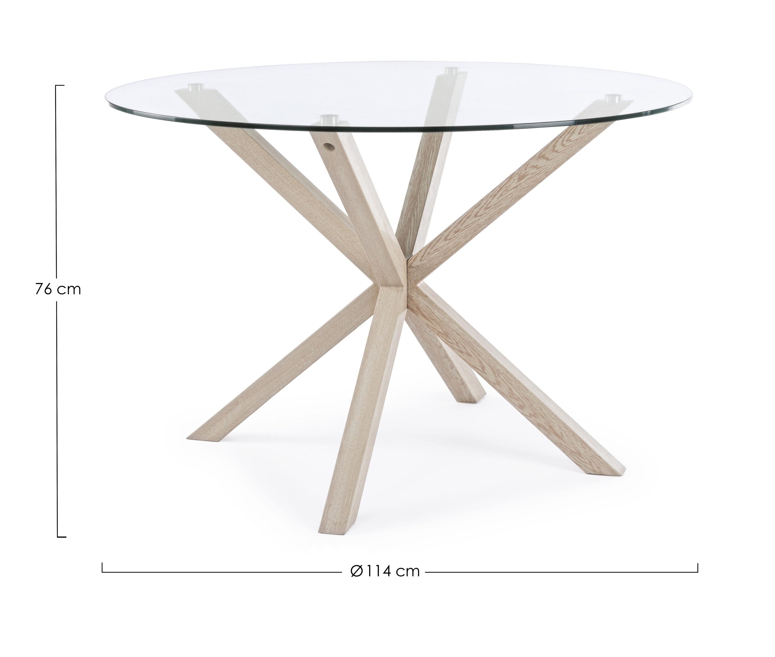 tavolo may in vetro rotondo con gamba naturale diametro 114 cm, vista ambientata con sedie abbinate