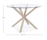tavolo may in vetro rotondo con gamba naturale diametro 114 cm, vista ambientata con sedie abbinate