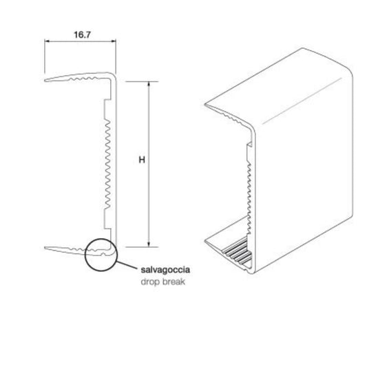bordo top da 4 mt h 40 in alluminio finitura anodizzato spazzolato, dettaglio della superficie in legno, laminato o pietra