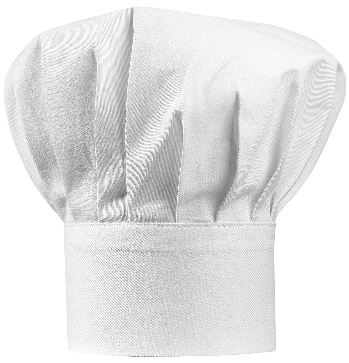 toque chef bianco, colore bianco, taglia 27 x 33. toque da chef su sfondo bianco, dettaglio tessuto e cuciture