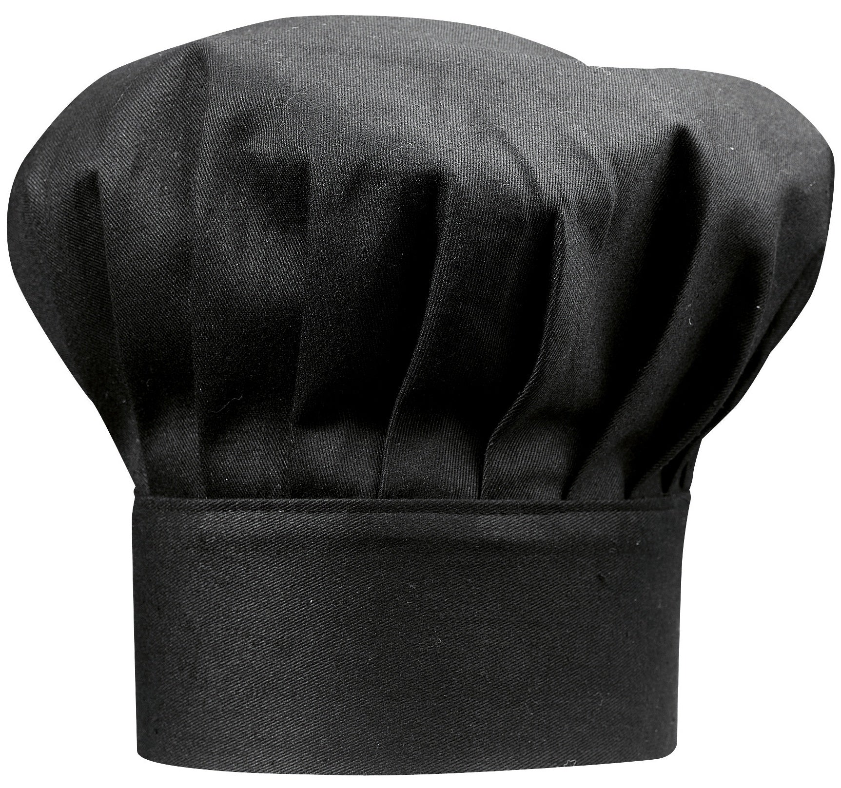 toque chef nero, colore nero, taglia 27 x 33. toque da chef su sfondo bianco, dettaglio tessuto e cuciture