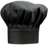 toque chef nero, colore nero, taglia 27 x 33. toque da chef su sfondo bianco, dettaglio tessuto e cuciture
