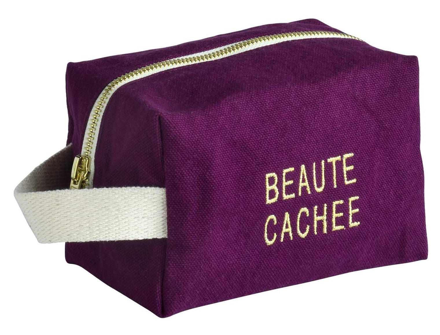trousse cubo beaute viola, colore viola, taglia 15,5 x 10 x 10. vista frontale della trousse in cotone biologico, elegante e compatta