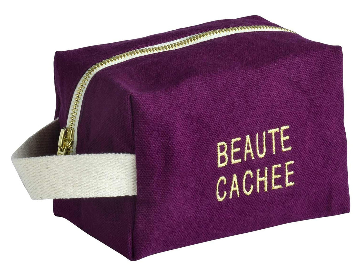 trousse cubo beaute viola, colore viola, taglia 15,5 x 10 x 10. vista frontale della trousse in cotone biologico, elegante e compatta