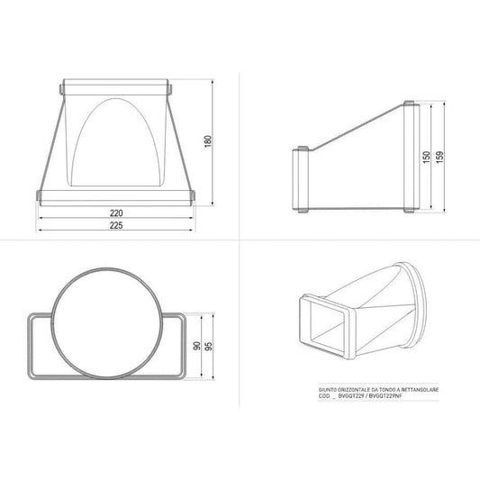 giunto orizzontale da tondo a rettangolare per cappe bvgqt229, elemento per impianto di aspirazione cucina