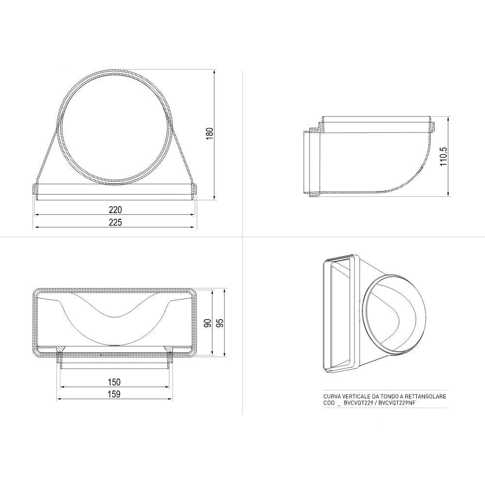 curva verticale per cappe bvcvqt229 da tondo a rettangolare 22x9 cm, elemento per impianto di aspirazione cucina