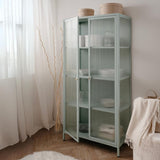 vetrina milton 52a in acciaio laminato con 2 ante vetro temperato ondulato colore verde menta, dettaglio delle ante in vetro e finiture in legno