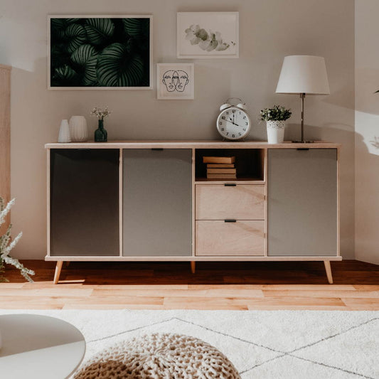 Credenza Epik 52 rovere antracite grigio 3 ante 2 cassetti 180x40x88,3