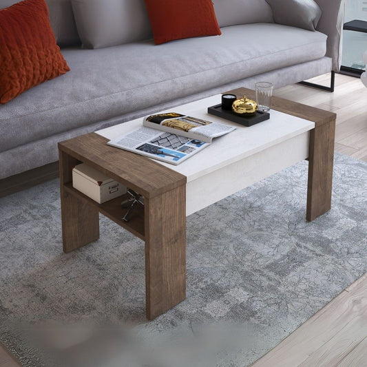 Tavolino da caffè Tinus con piano sollevabile colore noce eastwood e spatolato