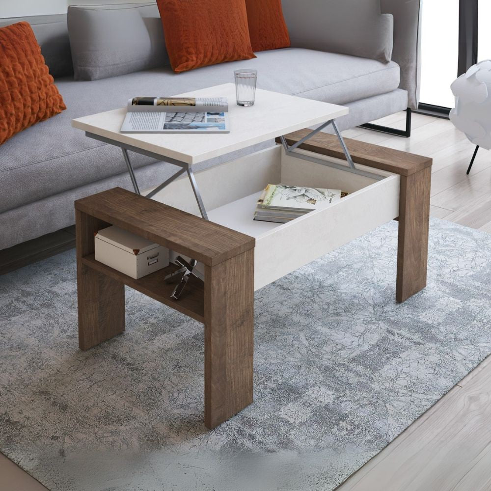 Tavolino da caffè Tinus con piano sollevabile colore noce eastwood e spatolato