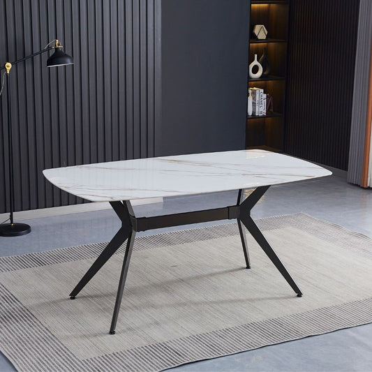 Tavolo fisso Callista con piano in ceramica effetto marmo bianco lucido