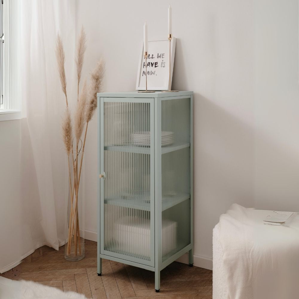 Vetrina Milton 01A in acciaio laminato con 1 anta vetro temperato ondulato colore verde menta